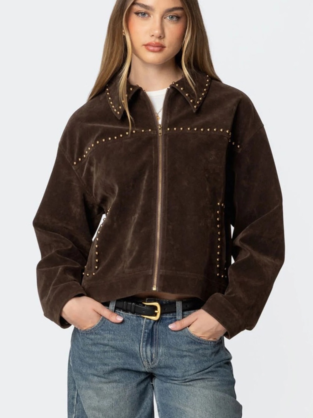 Edikted Memphis Studded Faux Suede Western Cowboy Jacket Brown NWT Size S